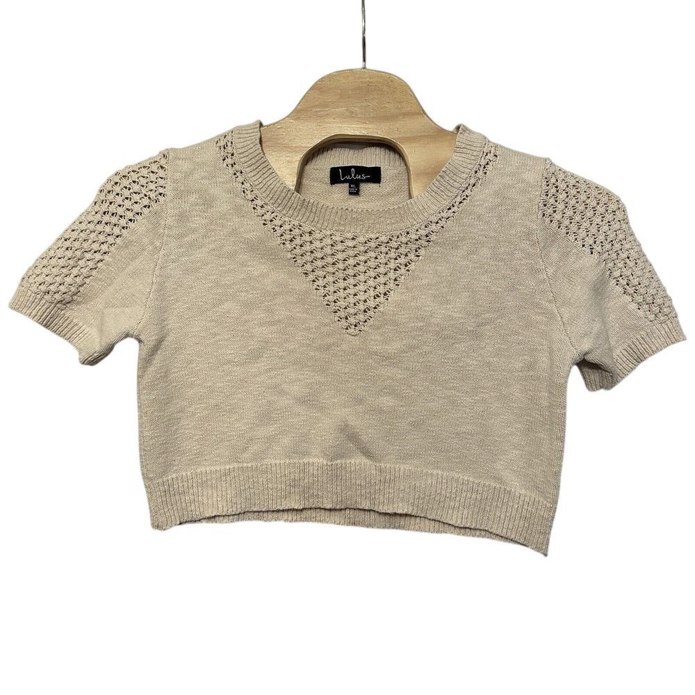 Lulus Cropped Knit Crewneck Short Sleeve‎ Sweater Size XL Ivory Cream